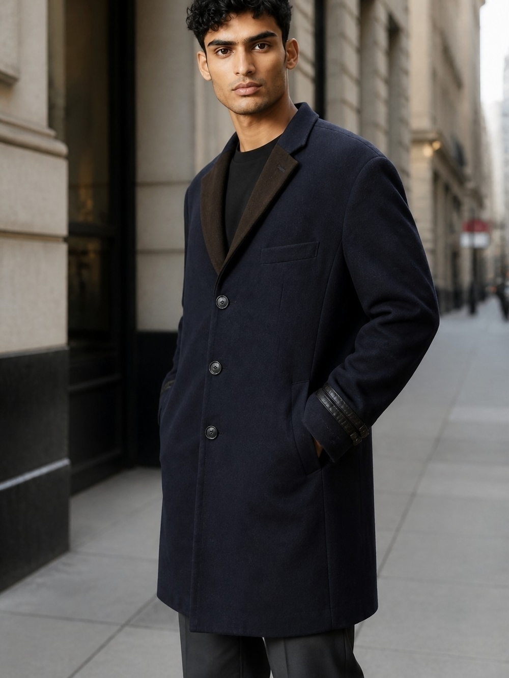 Men's Navy Pea Coat with Contrast Notch Lapel - Classic Wool-Blend 1068